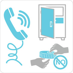 Graphic illustrating phone call warnings, an open safe, and a refusal to give money, symbolizing scam prevention and security.