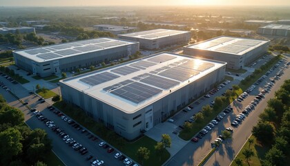 Large modern data center campus with solar panels on rooftops. Buildings arranged in a row, vast parking lots filled with cars, surrounded by green trees and clear sky.