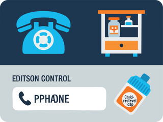Image depicts a telephone, medicine cabinet, and a child-resistant cap, with the word 'PPHONE'.