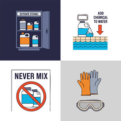 Safety instructions for chemical handling and storage, including separate storage, adding chemical to water, never mixing, and protective gear.