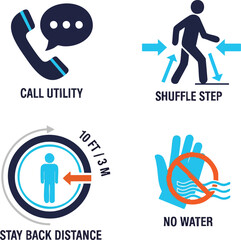 Four safety icons illustrating instructions for calling utility, shuffle stepping, maintaining distance, and avoiding water.