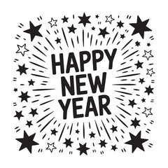 Vector art of happy new year text with stars and fireworks