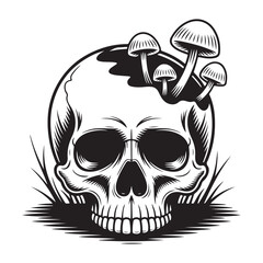 Vector art of skull with mushrooms growing from head, black and white