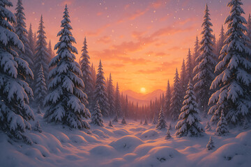 Peaceful snowy forest landscape at golden sunrise with tall pine trees and glowing winter sky