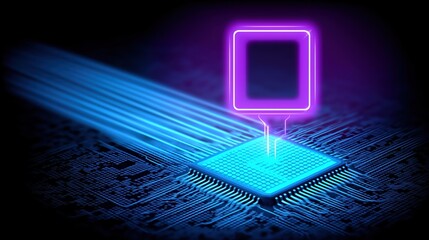 Futuristic digital circuit board with glowing microchip and neon light effects