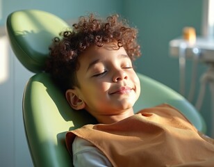 Mixed race boy peacefully sleeps in a green dental chair bathed in sunlight. Child rests calmly during daytime medical appointment for dental care.