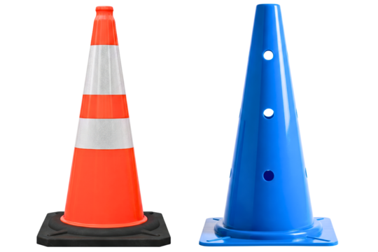 Orange road safety cone and blue sports agility cone isolated on a transparent background