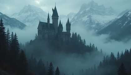 Majestic castle stands on hilltop in misty forest under fog with snowy mountain peaks. Ancient tower architecture in serene landscape on moody morning. Winter fairytale in highlands with medieval