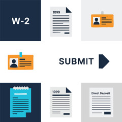 Vector icon set for tax season and employment, showing W-2, 1099, direct deposit forms, and an ID card with a submit button.