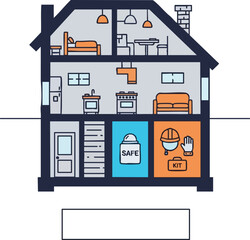 Cutaway view of a house with a basement highlighting a safe and an emergency preparedness kit.