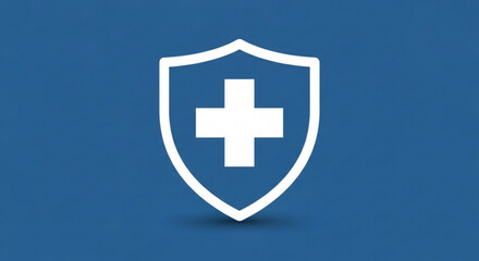 White shield with a cross in the center on a blue background, symbolizing protection, security, and health