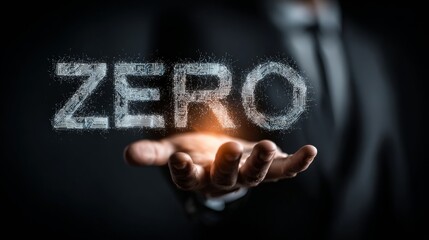 Businessman Holding Glowing Digital 'ZERO' Word Made of Circuit Board, Symbolizing Innovation, Data, and New Beginnings
