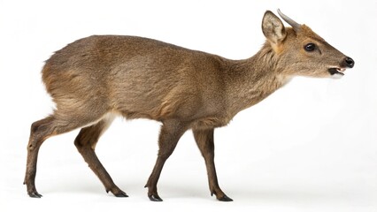 Realistic Musk Deer on white studio background, detailed small deer with slender legs, tufted fur, and visible tusks, isolated wildlife portrait, sharp focus, professional lighting