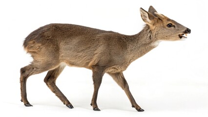 Realistic Musk Deer on white studio background, detailed small deer with slender legs, tufted fur, and visible tusks, isolated wildlife portrait, sharp focus, professional lighting
