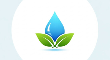 Water drop logo with green leaves for environmental protection and natural resource conservation concept