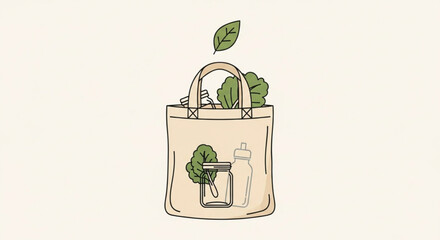 Illustration of a reusable shopping bag filled with fresh produce and a glass jar for ecofriendly lifestyle
