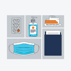 An illustration of essential medical and hygiene items including a face mask, hand sanitizer, pills, and prescription documents.