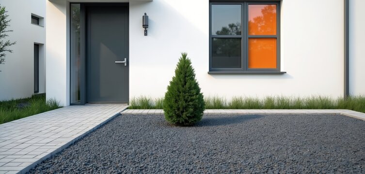 Building exterior view landscaping with small tree in rock garden. Modern home design features gray door, stones. Minimalist yard decor shows residential property entrance. Place peaceful, quiet.