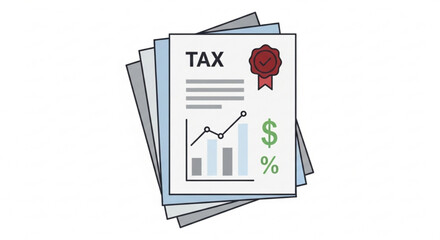 Illustration of tax documents with chart and symbols, representing financial reporting and compliance for business