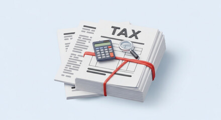 Illustration of tax documents with calculator and magnifying glass, representing financial analysis and compliance for business