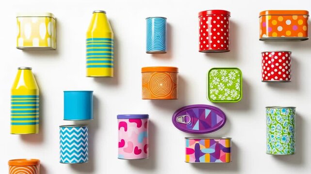 An assortment of colorful, patterned metal containers with lids and various shapes scattered on a white background - Powered by Adobe