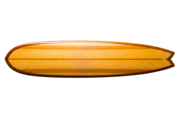 Vintage wooden fish tail surfboard for summer water sports isolated on a transparent background
