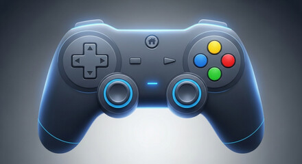 A sleek black gamepad with colorful buttons and a glowing blue outline, perfect for gaming enthusiasts and digital entertainment concepts