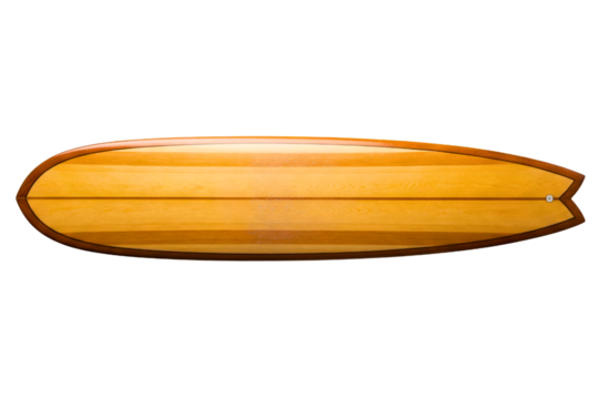 Vintage wooden fish tail surfboard for summer water sports isolated on a transparent background