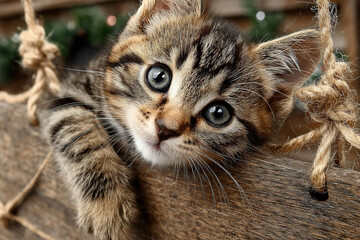 Kitten playing with Happy New Year sign tangled in ribbon