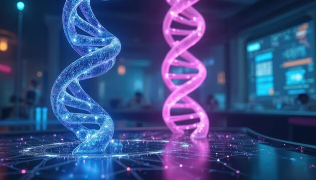 Abstract representation of DNA helix with glowing particles. Futuristic lab environment with digital interface, blurred figures. Science tech concept illustrates genetic research biotechnology - Powered by Adobe