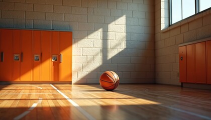 Basketball rests in corner of empty basketball court. Sunlight streams through window illuminating ball, creating dramatic shadow. Scene suggests anticipation for game training session within