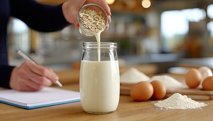 Person pouring oat mixture into jar with ingredients on table