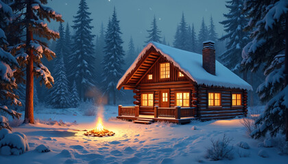 Warm log cabin stands in quiet snowy forest at night. Lights glow from windows, bright campfire burns outside. Winter trees covered in white snow create cozy vacation retreat scene. Dark sky, stars