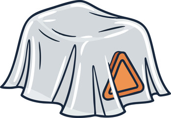 A mysterious object concealed under a gray cloth, with an orange triangle peeking out from underneath.