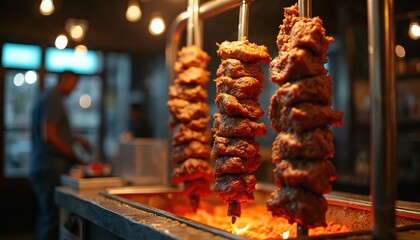 Three spits with stacked meat rotate over hot coals. Cook prepares food in background of busy eatery. Savoury aroma fills air near open grill.