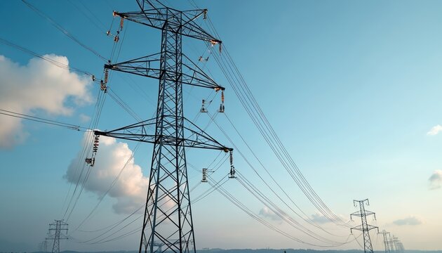Tall metal pylons carry electricity wires across a clear blue sky with scattered clouds. Power lines stretch out towards the horizon, showing energy infrastructure development for cities.