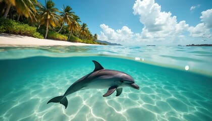 Obraz premium Dolphin swims in turquoise ocean near exotic beach. Aquatic mammal glides through clear water. Tropical coast with palm trees under bright sky. Marine animal in pristine eco environment. Ocean life.