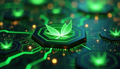 Green circuit board features hexagonal nodes with glowing cannabis leaf symbols. Digital technology connects to plant science. Futuristic concept.