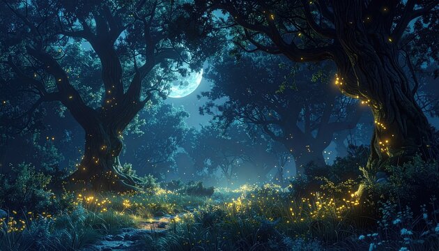 Enchanted Night Forest Scene with Glowing Fireflies
