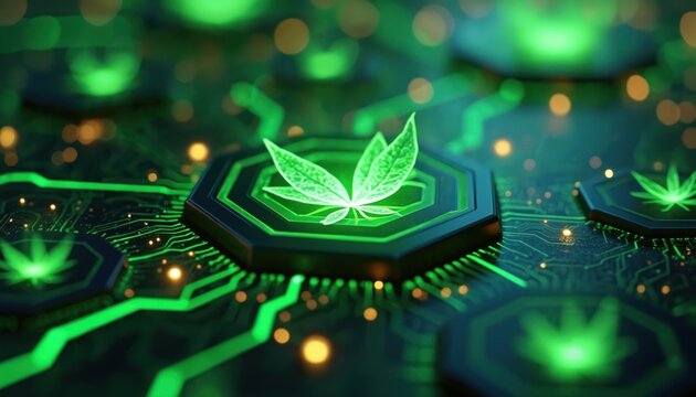 Green circuit board features hexagonal nodes with glowing cannabis leaf symbols. Digital technology connects to plant science. Futuristic concept.