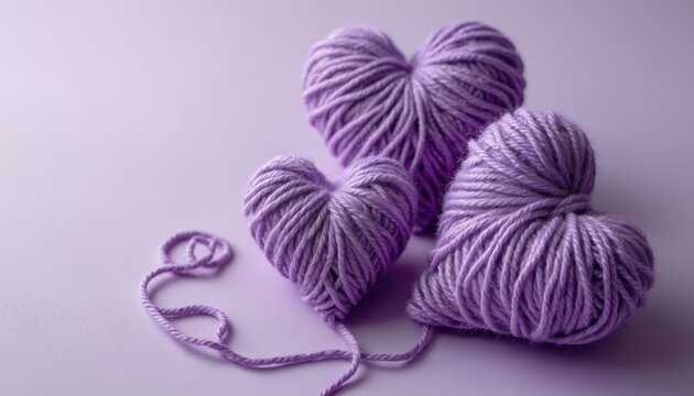 Three purple yarn hearts lie on lavender surface. Wool shapes create romantic, tender texture. Knit decor shows passion. Valentines design for love, affection, softness, handmade craft projects.