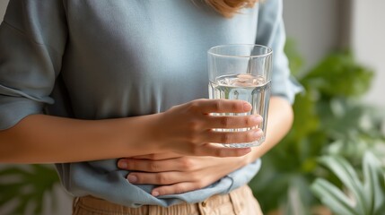 Woman with stomach pain holding glass of water, representing health problem and discomfort concept.