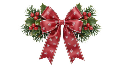 Elegant red christmas bow adorned with holly berries and pine needles isolated on transparent background