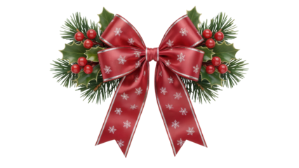 Elegant red christmas bow adorned with holly berries and pine needles isolated on transparent background