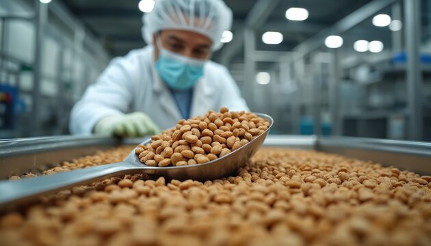 Factory worker in sterile gear checks batch of dry pet food kibble on metal scoop. Automated production line in background ensures quality nourishment for animals.