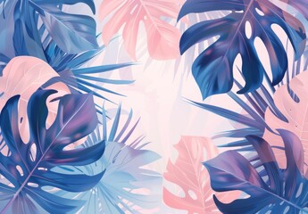 Tropical plants and leaves background with pastel colors, simple shapes and lines, vector illustration style