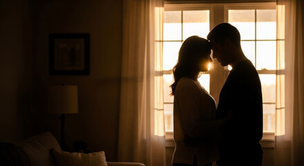 Backlit couple embracing by window, creating intimate and romantic moment. Suitable for wedding, love, relationship themes in designs.