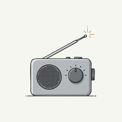 Simple cartoon illustration of a gray portable radio with an antenna and tuning knob, emitting a signal sparkle on a light background.