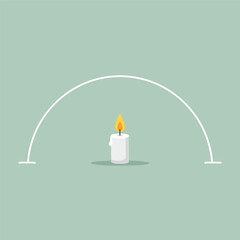 A minimalist illustration featuring a lit candle with a curved line above it, on a light green background.