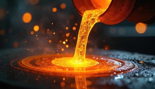 Molten glass flows from crucible. Liquid material pouring creating circular patterns. Abstract industrial art, fire light, glow, hot temperature, molten glass. Glass blowing artwork concept. Glass - Powered by Adobe